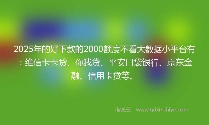 2025年的好下款的2000额度不看大数据小平台有：维信卡卡贷、你我贷、平安口袋银行、京东金融、信用卡贷等。