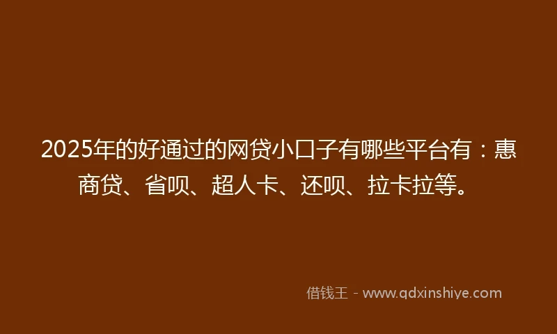 2025年的好通过的网贷小口子有哪些平台有：惠商贷、省呗、超人卡、还呗、拉卡拉等。