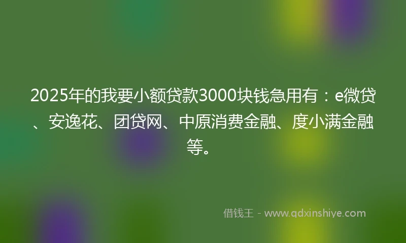 2025年的我要小额贷款3000块钱急用有：e微贷、安逸花、团贷网、中原消费金融、度小满金融等。