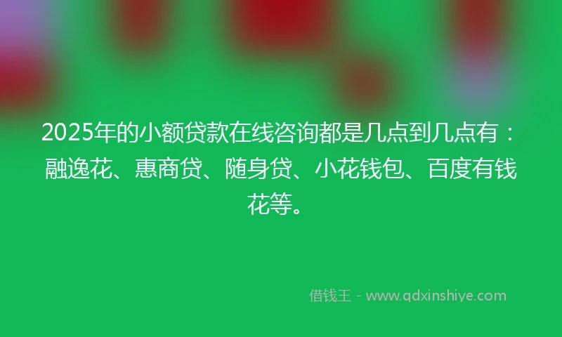 2025年的小额贷款在线咨询都是几点到几点有：融逸花、惠商贷、随身贷、小花钱包、百度有钱花等。