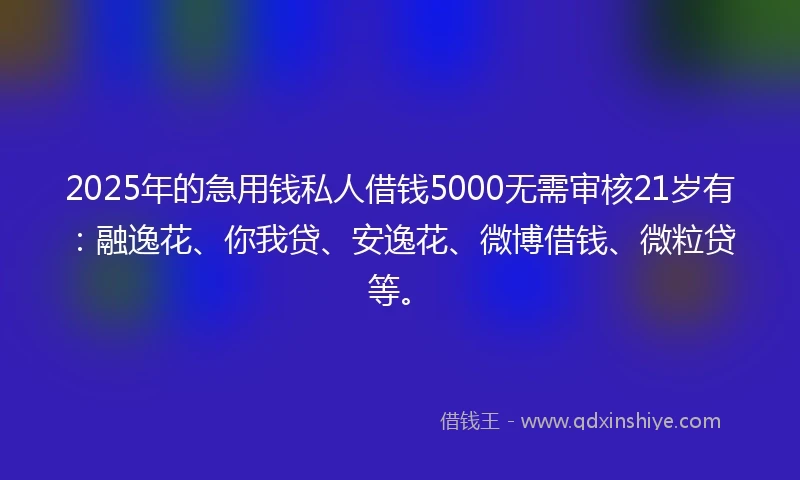 2025年的急用钱私人借钱5000无需审核21岁有：融逸花、你我贷、安逸花、微博借钱、微粒贷等。