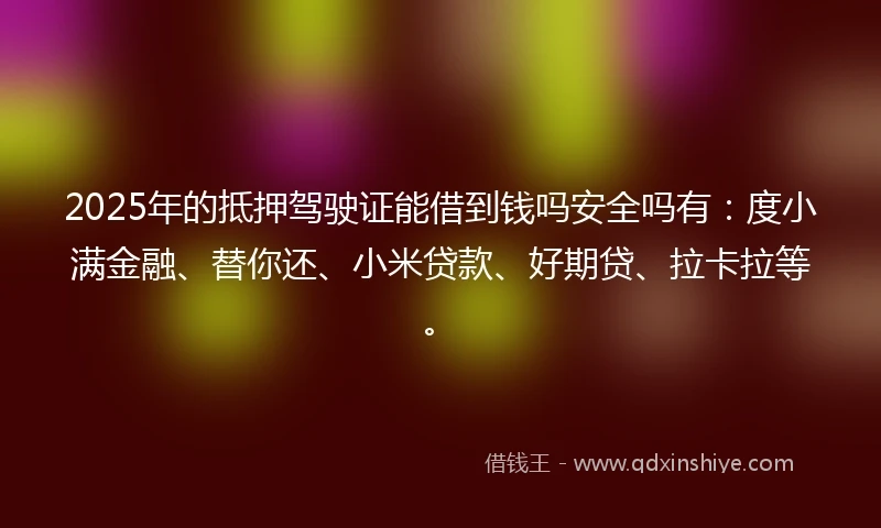2025年的抵押驾驶证能借到钱吗安全吗有：度小满金融、替你还、小米贷款、好期贷、拉卡拉等。