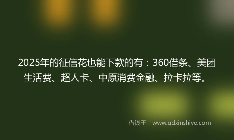 2025年的征信花也能下款的有：360借条、美团生活费、超人卡、中原消费金融、拉卡拉等。