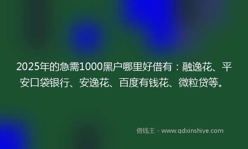 2025年的急需1000黑户哪里好借有：融逸花、平安口袋银行、安逸花、百度有钱花、微粒贷等。