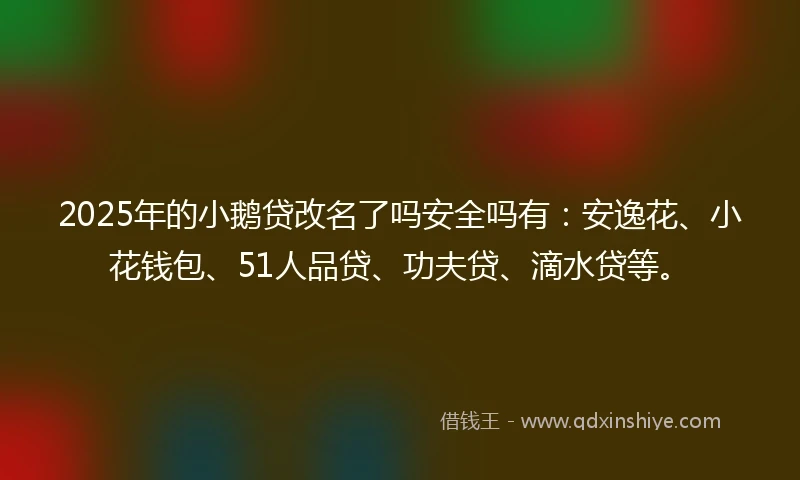 2025年的小鹅贷改名了吗安全吗有：安逸花、小花钱包、51人品贷、功夫贷、滴水贷等。