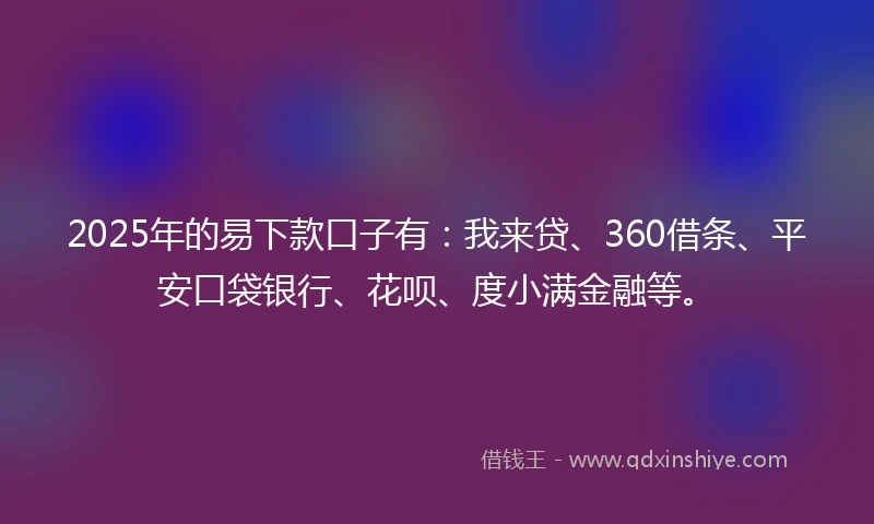 2025年的易下款口子有：我来贷、360借条、平安口袋银行、花呗、度小满金融等。