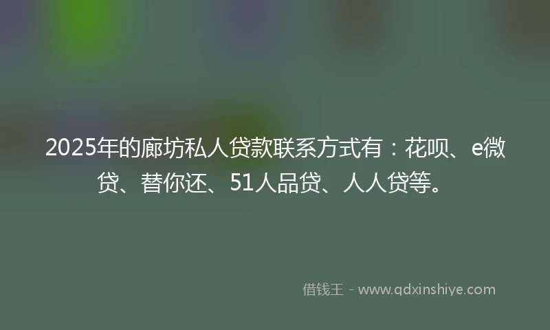 2025年的廊坊私人贷款联系方式有：花呗、e微贷、替你还、51人品贷、人人贷等。