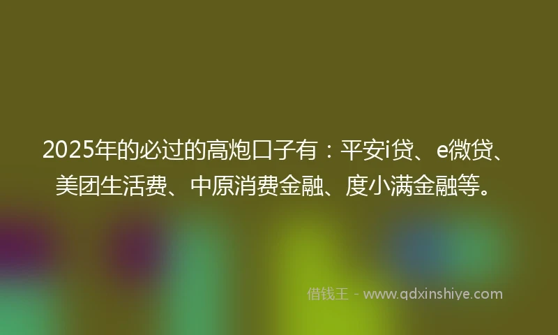 2025年的必过的高炮口子有：平安i贷、e微贷、美团生活费、中原消费金融、度小满金融等。