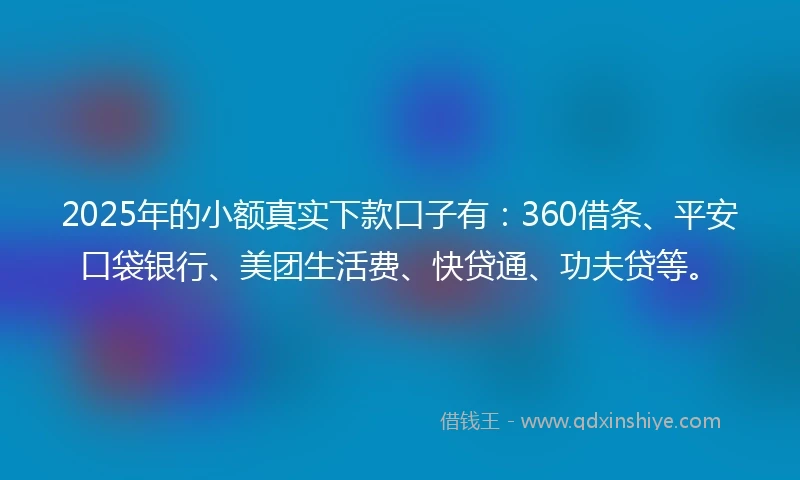 2025年的小额真实下款口子有：360借条、平安口袋银行、美团生活费、快贷通、功夫贷等。