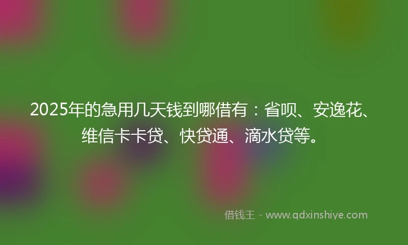 2025年的急用几天钱到哪借有：省呗、安逸花、维信卡卡贷、快贷通、滴水贷等。