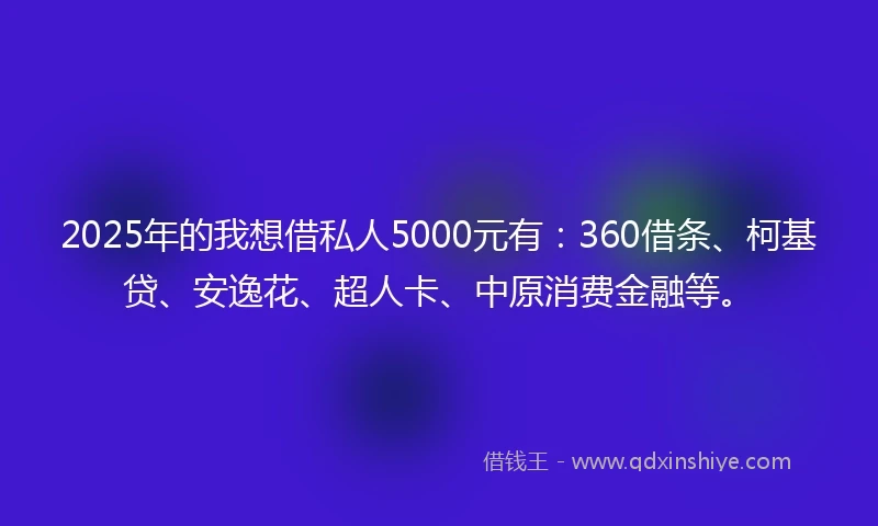 2025年的我想借私人5000元有：360借条、柯基贷、安逸花、超人卡、中原消费金融等。