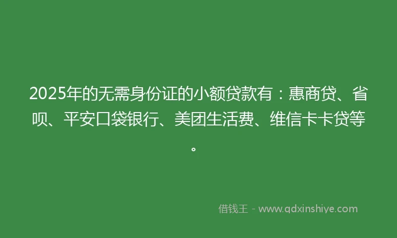 2025年的无需身份证的小额贷款有：惠商贷、省呗、平安口袋银行、美团生活费、维信卡卡贷等。