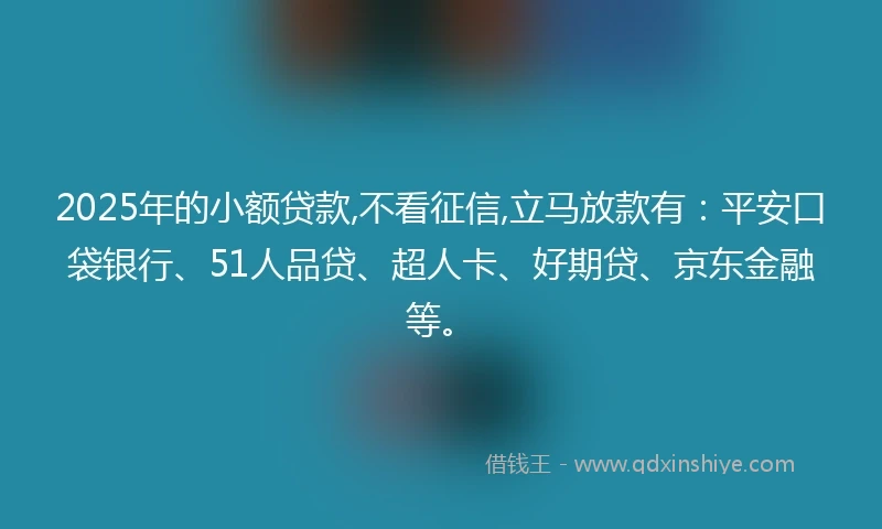 2025年的小额贷款,不看征信,立马放款有：平安口袋银行、51人品贷、超人卡、好期贷、京东金融等。