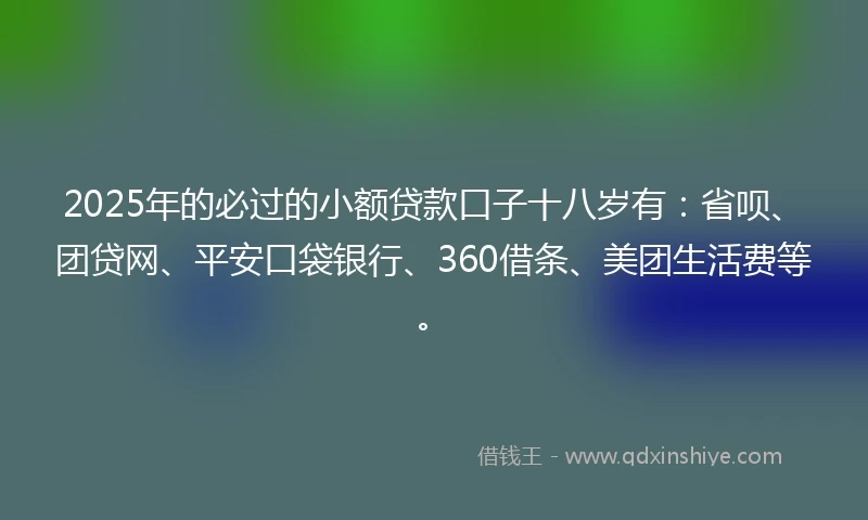 2025年的必过的小额贷款口子十八岁有：省呗、团贷网、平安口袋银行、360借条、美团生活费等。