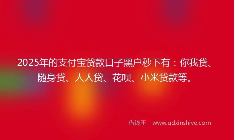 2025年的支付宝贷款口子黑户秒下有：你我贷、随身贷、人人贷、花呗、小米贷款等。
