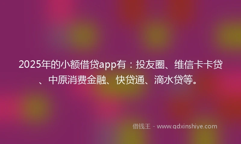 2025年的小额借贷app有：投友圈、维信卡卡贷、中原消费金融、快贷通、滴水贷等。