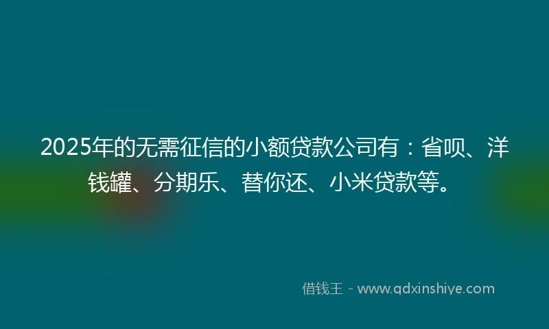 2025年的无需征信的小额贷款公司有：省呗、洋钱罐、分期乐、替你还、小米贷款等。