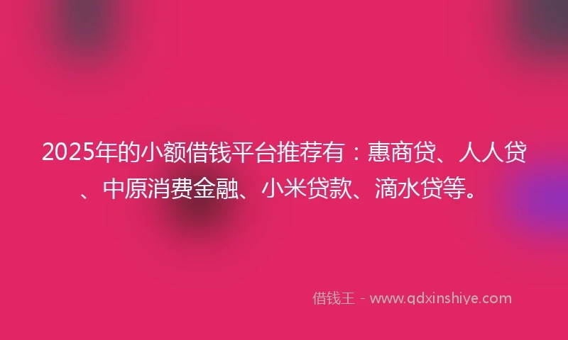 2025年的小额借钱平台推荐有：惠商贷、人人贷、中原消费金融、小米贷款、滴水贷等。