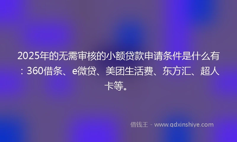 2025年的无需审核的小额贷款申请条件是什么有：360借条、e微贷、美团生活费、东方汇、超人卡等。