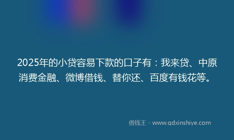 2025年的小贷容易下款的口子有：我来贷、中原消费金融、微博借钱、替你还、百度有钱花等。