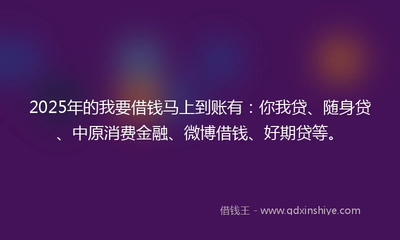 2025年的我要借钱马上到账有：你我贷、随身贷、中原消费金融、微博借钱、好期贷等。