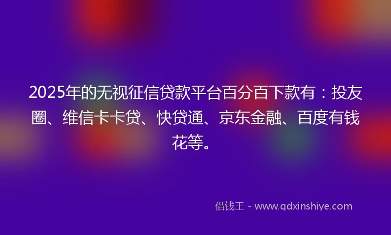 2025年的无视征信贷款平台百分百下款有：投友圈、维信卡卡贷、快贷通、京东金融、百度有钱花等。