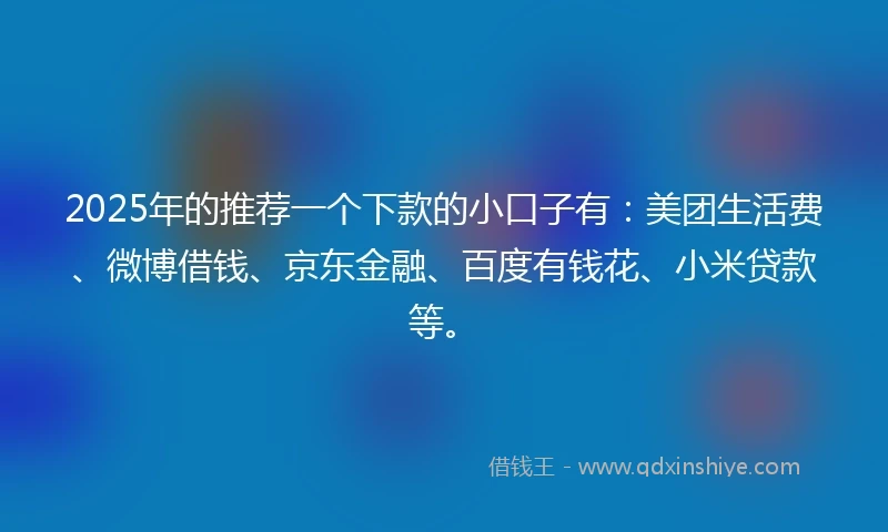 2025年的推荐一个下款的小口子有：美团生活费、微博借钱、京东金融、百度有钱花、小米贷款等。