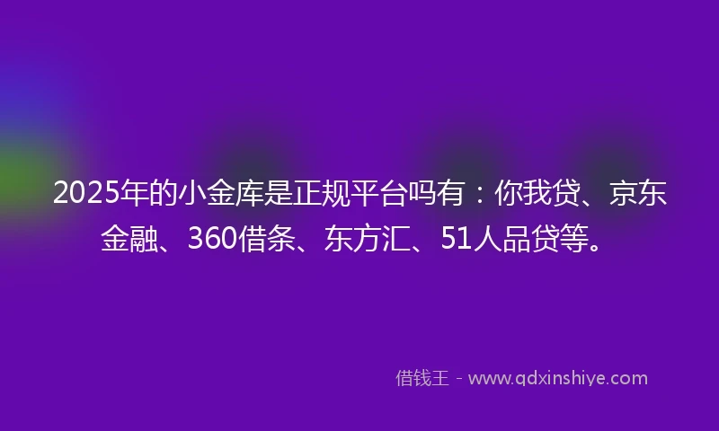 2025年的小金库是正规平台吗有：你我贷、京东金融、360借条、东方汇、51人品贷等。