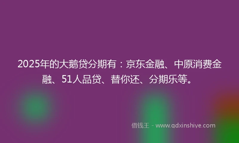 2025年的大鹅贷分期有：京东金融、中原消费金融、51人品贷、替你还、分期乐等。