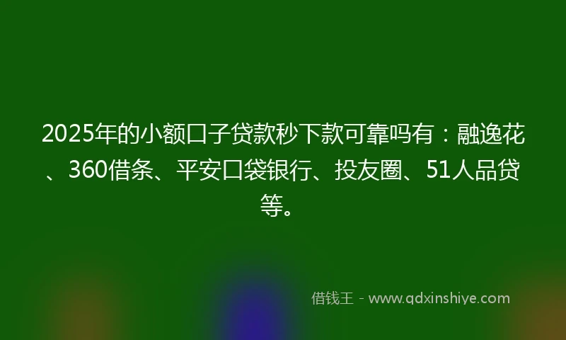 2025年的小额口子贷款秒下款可靠吗有：融逸花、360借条、平安口袋银行、投友圈、51人品贷等。