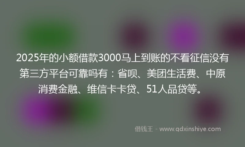 2025年的小额借款3000马上到账的不看征信没有第三方平台可靠吗有：省呗、美团生活费、中原消费金融、维信卡卡贷、51人品贷等。