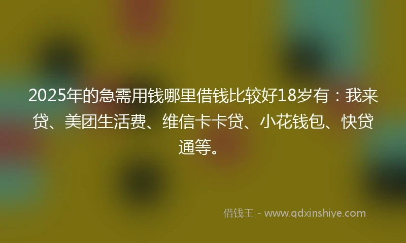 2025年的急需用钱哪里借钱比较好18岁有：我来贷、美团生活费、维信卡卡贷、小花钱包、快贷通等。