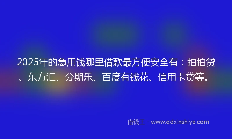 2025年的急用钱哪里借款最方便安全有：拍拍贷、东方汇、分期乐、百度有钱花、信用卡贷等。