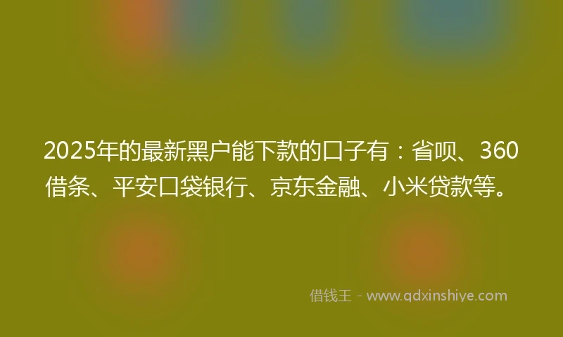 2025年的最新黑户能下款的口子有：省呗、360借条、平安口袋银行、京东金融、小米贷款等。