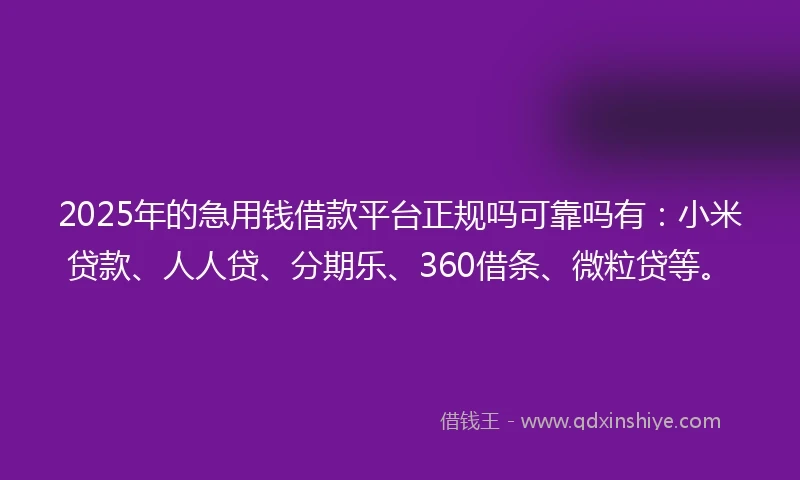 2025年的急用钱借款平台正规吗可靠吗有：小米贷款、人人贷、分期乐、360借条、微粒贷等。