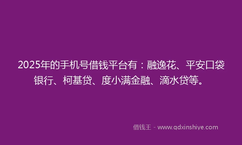 2025年的手机号借钱平台有：融逸花、平安口袋银行、柯基贷、度小满金融、滴水贷等。