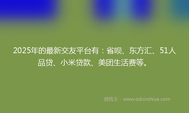 2025年的最新交友平台有：省呗、东方汇、51人品贷、小米贷款、美团生活费等。