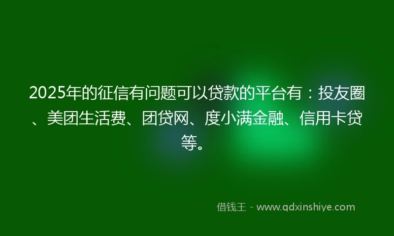 2025年的征信有问题可以贷款的平台有：投友圈、美团生活费、团贷网、度小满金融、信用卡贷等。