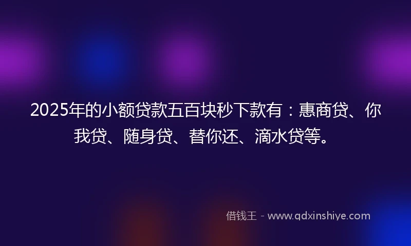 2025年的小额贷款五百块秒下款有：惠商贷、你我贷、随身贷、替你还、滴水贷等。