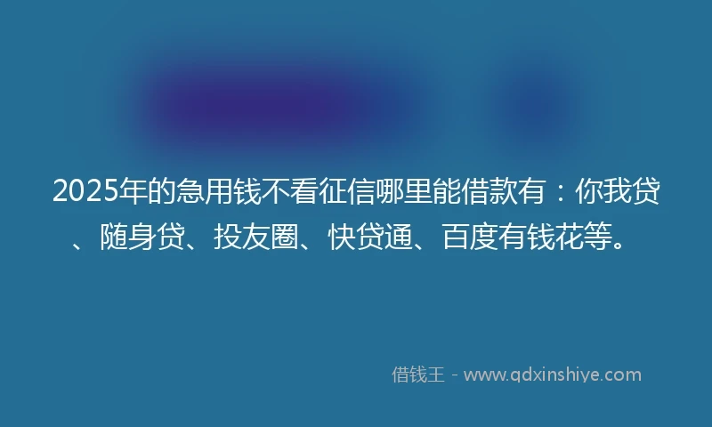 2025年的急用钱不看征信哪里能借款有：你我贷、随身贷、投友圈、快贷通、百度有钱花等。