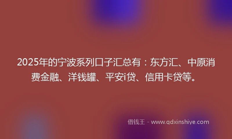 2025年的宁波系列口子汇总有：东方汇、中原消费金融、洋钱罐、平安i贷、信用卡贷等。
