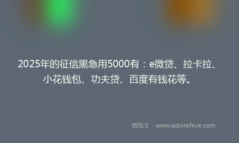 2025年的征信黑急用5000有：e微贷、拉卡拉、小花钱包、功夫贷、百度有钱花等。