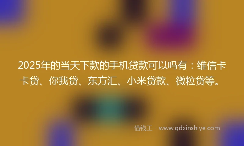 2025年的当天下款的手机贷款可以吗有：维信卡卡贷、你我贷、东方汇、小米贷款、微粒贷等。