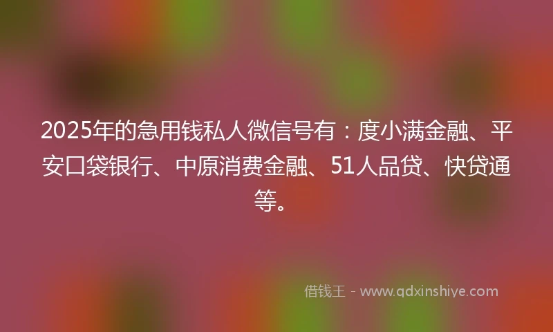 2025年的急用钱私人微信号有：度小满金融、平安口袋银行、中原消费金融、51人品贷、快贷通等。