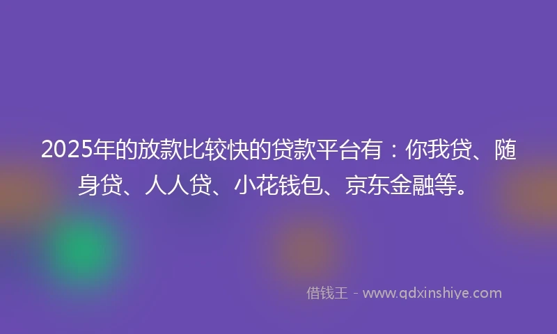 2025年的放款比较快的贷款平台有：你我贷、随身贷、人人贷、小花钱包、京东金融等。