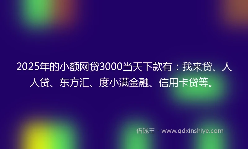 2025年的小额网贷3000当天下款有：我来贷、人人贷、东方汇、度小满金融、信用卡贷等。