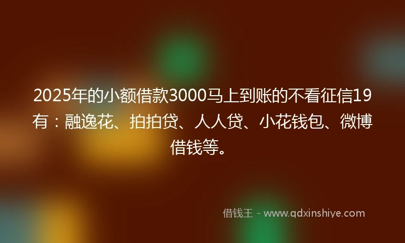 2025年的小额借款3000马上到账的不看征信19有：融逸花、拍拍贷、人人贷、小花钱包、微博借钱等。