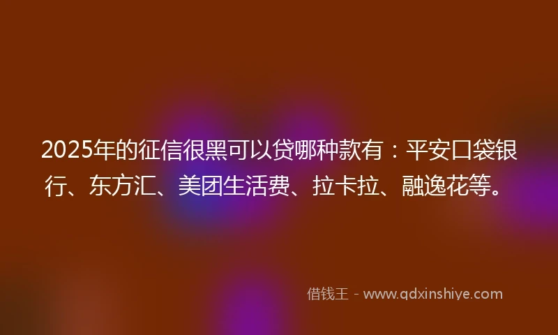 2025年的征信很黑可以贷哪种款有：平安口袋银行、东方汇、美团生活费、拉卡拉、融逸花等。