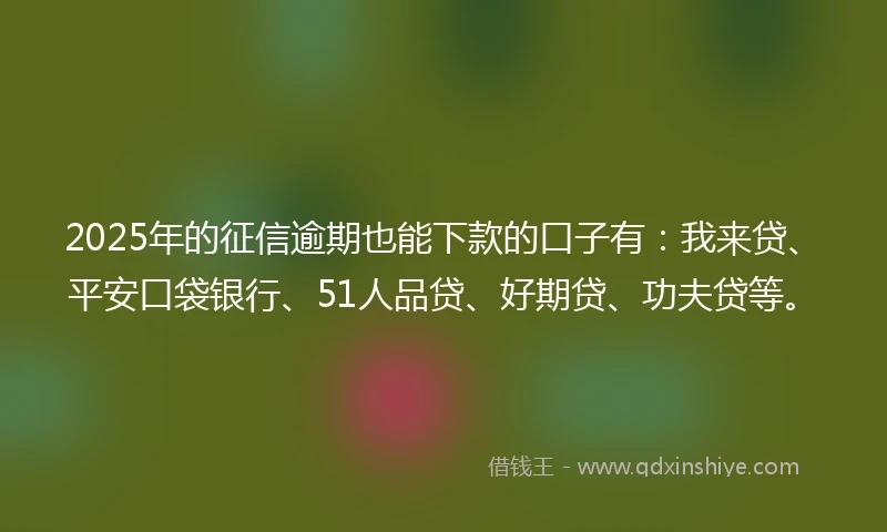 2025年的征信逾期也能下款的口子有：我来贷、平安口袋银行、51人品贷、好期贷、功夫贷等。
