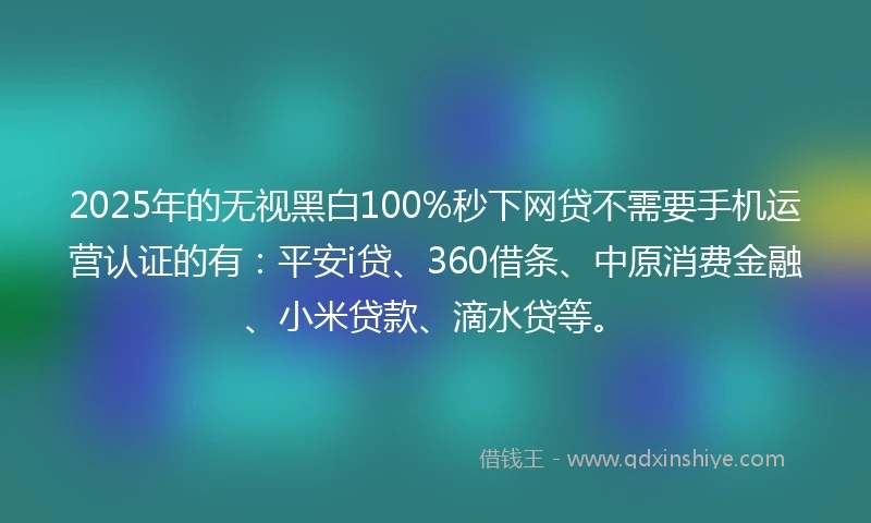2025年的无视黑白100%秒下网贷不需要手机运营认证的有：平安i贷、360借条、中原消费金融、小米贷款、滴水贷等。